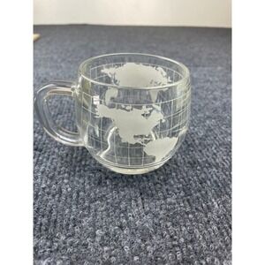 Vintage Nestle Clear Glass World Map Globe Etched Coffee Mug Cup Frosted Design